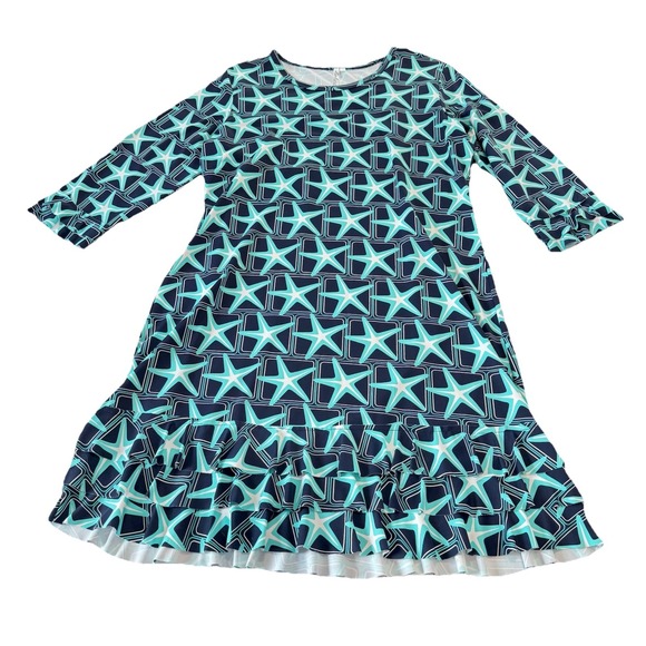 Lulu B Blue Starfish 3/4 Sleeve Flounce Ruffle Hem Shift Dress Size MEDIUM - Picture 3 of 12